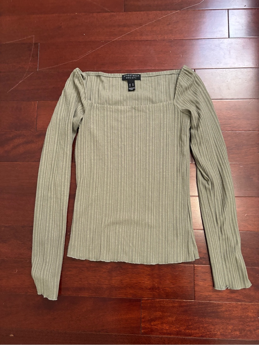 Streetwear Society Ribbed Square-Neck Long Sleeve Top — Olive